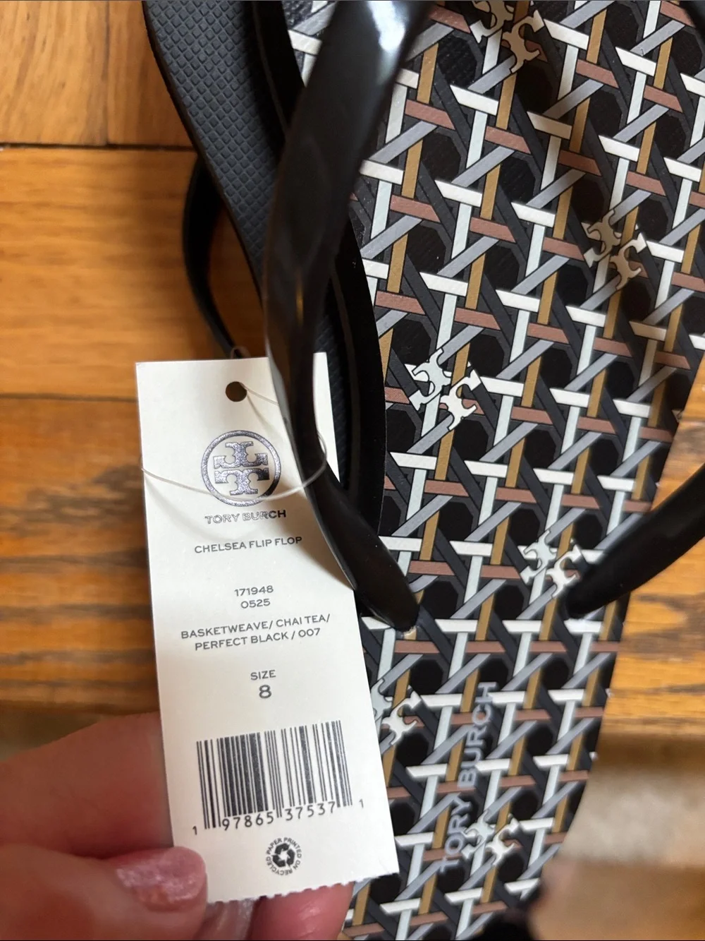 Tory Burch Black Chelsea  Logo-Patterned Flip Flops nwt 8